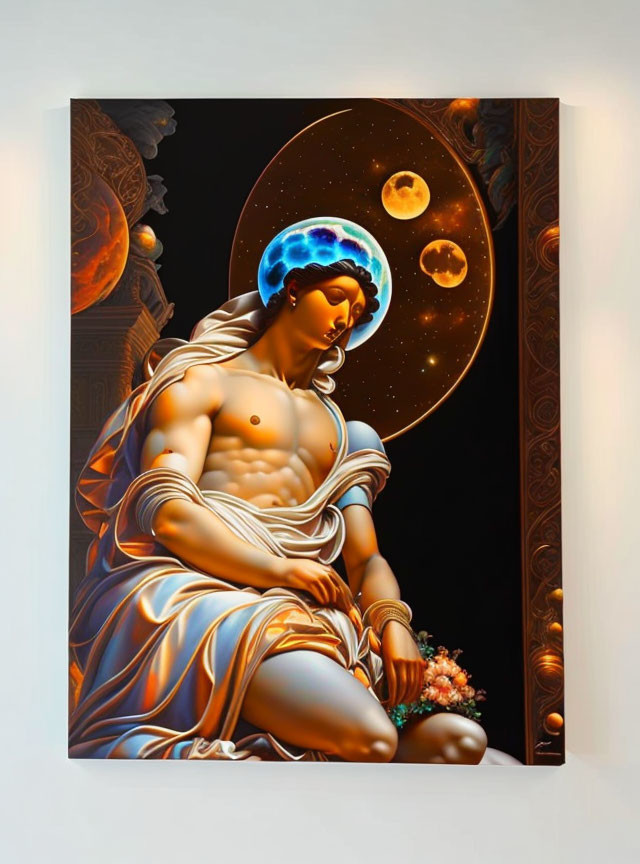Classical statue with cosmic halo and celestial backdrop