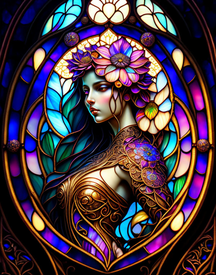 Colorful Stained Glass Style Illustration of Woman with Floral Motifs