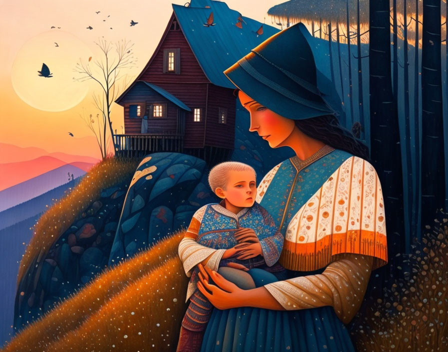 Traditional dress woman with child and house at sunset with birds.