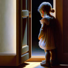 Young girl and toddler by open door in mysterious light