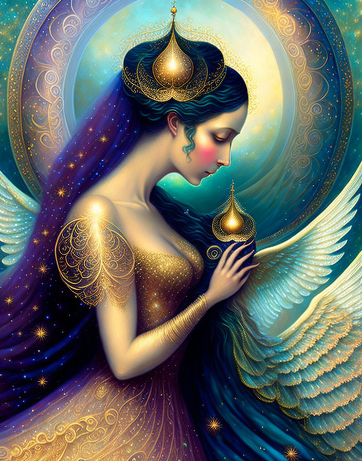 Celestial woman in gold with intricate wings and ornate vessel in mystical blue aura