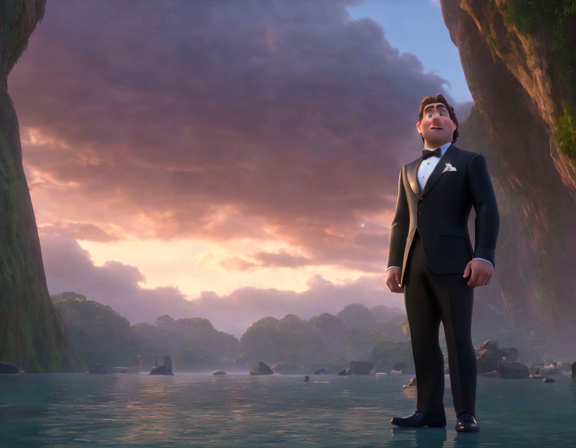 Stylized animated character in tuxedo on tranquil shoreline at sunset