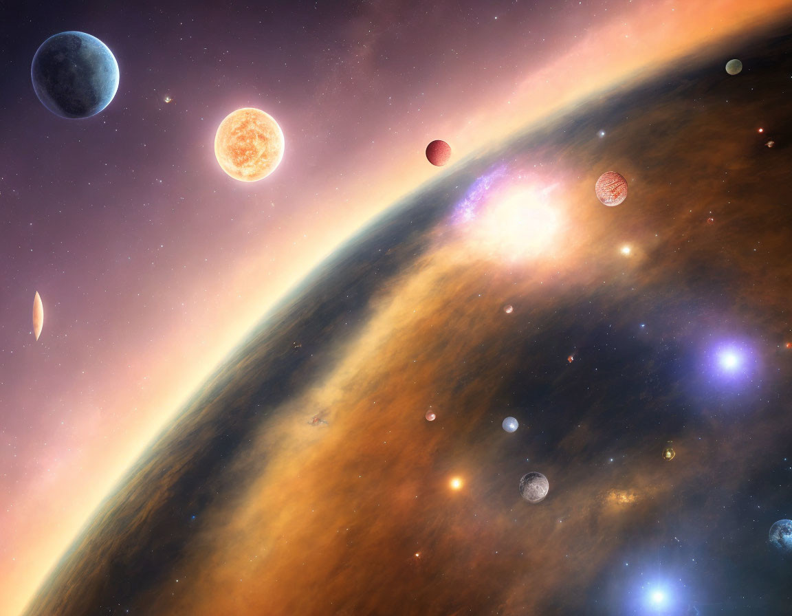 Colorful Cosmic Scene: Multiple Planets and Nebula