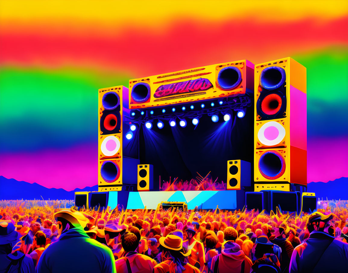 Colorful outdoor music festival scene with vibrant sound system and crowd under rainbow sky