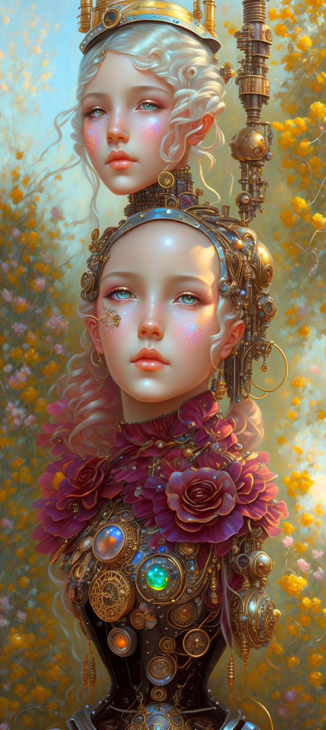 Steampunk-style androids with floral and mechanical details on golden backdrop