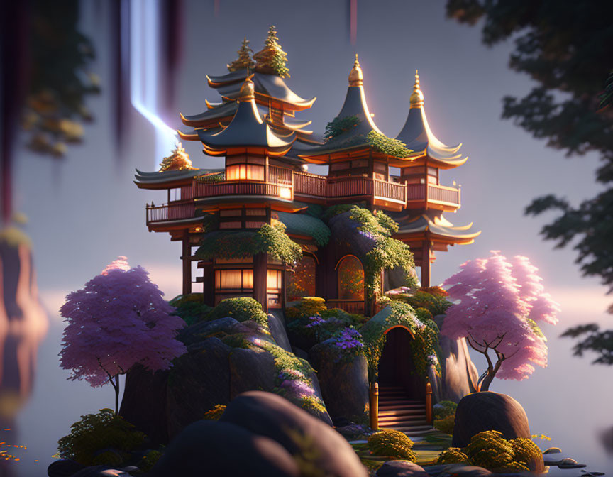 Pagoda in lush greenery with cherry blossoms on rocky hill at twilight