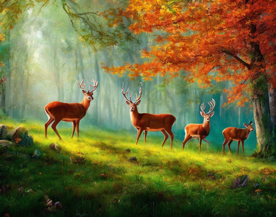 Tranquil forest scene: three deer in golden autumn light