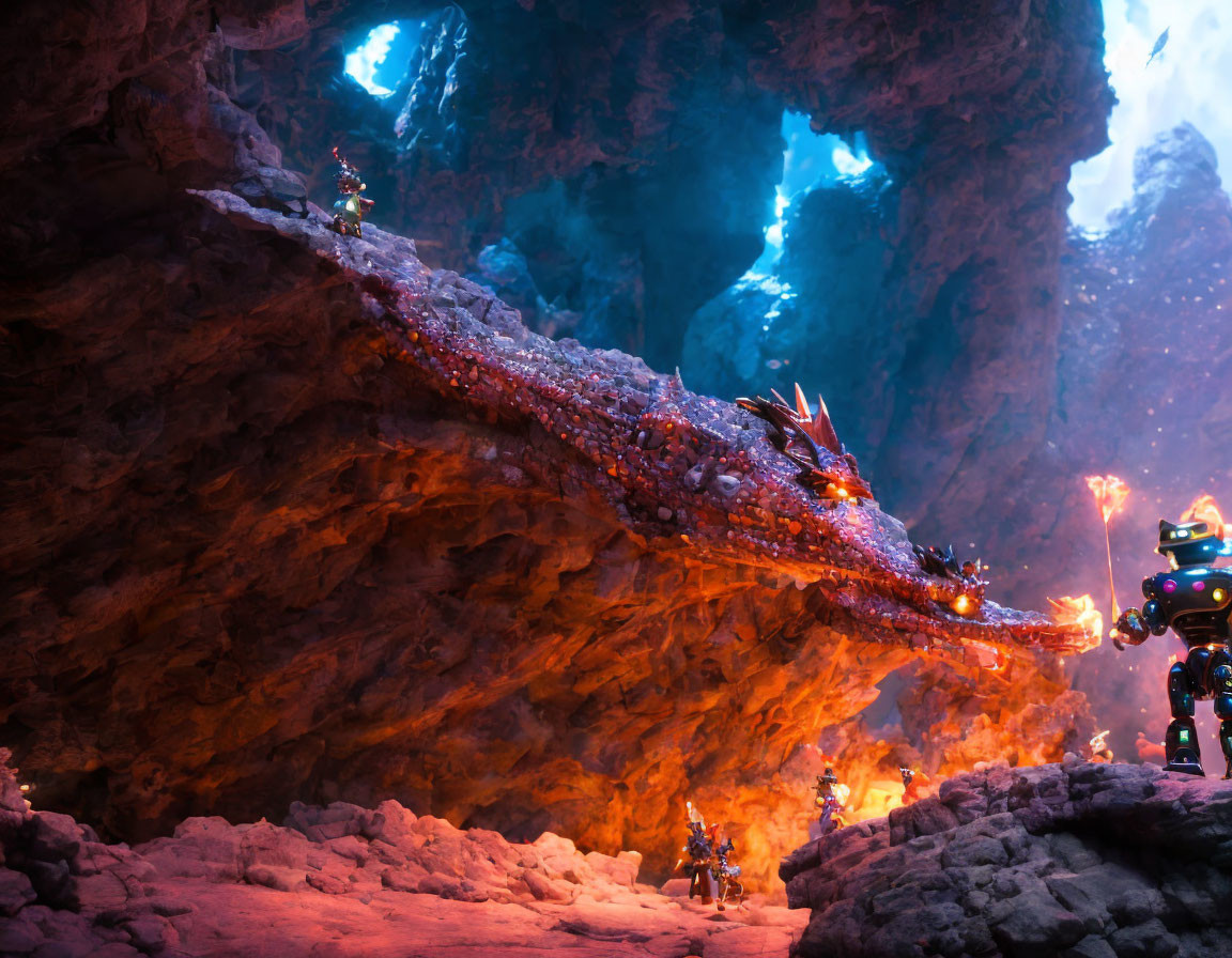 Crystal dragon and armored figures in glowing cave with colorful rocks.