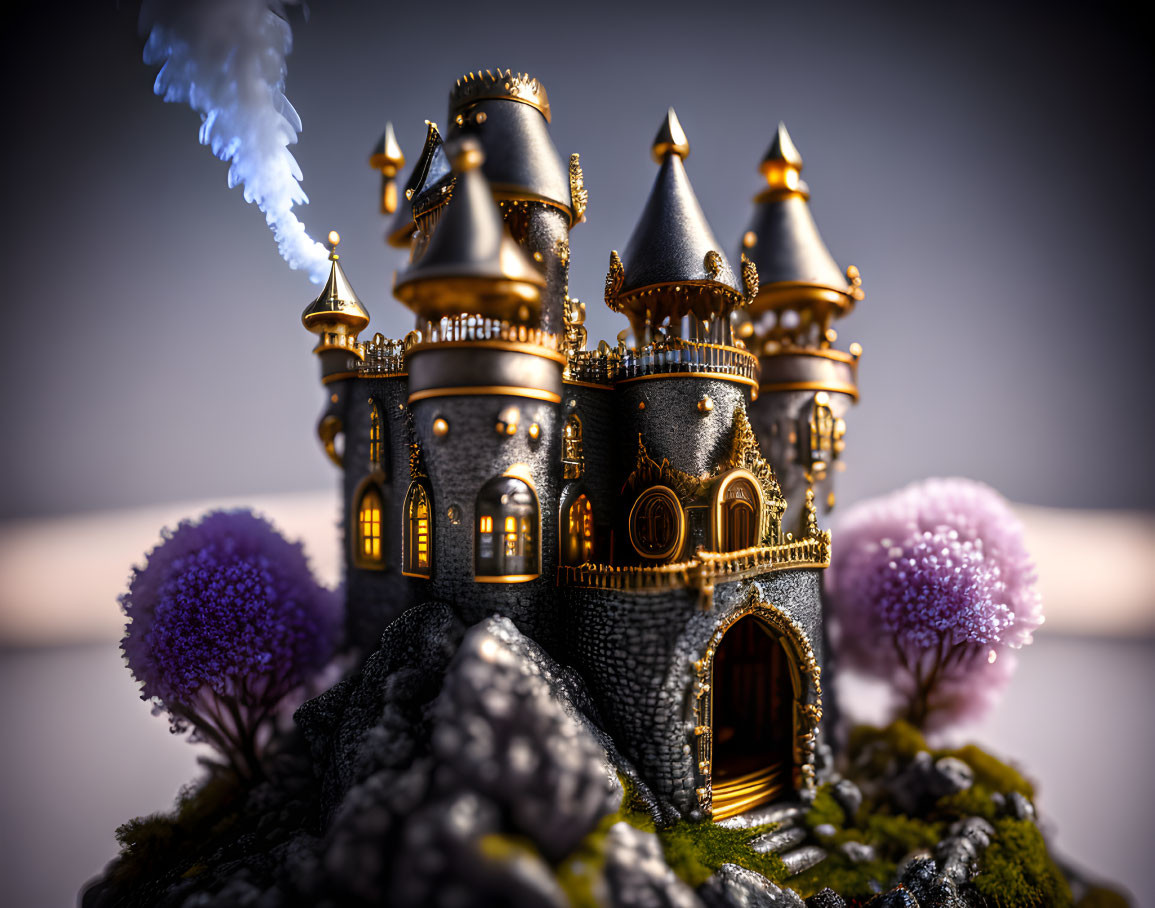 Detailed miniature castle on rocky outcrop with golden accents and purple foliage.
