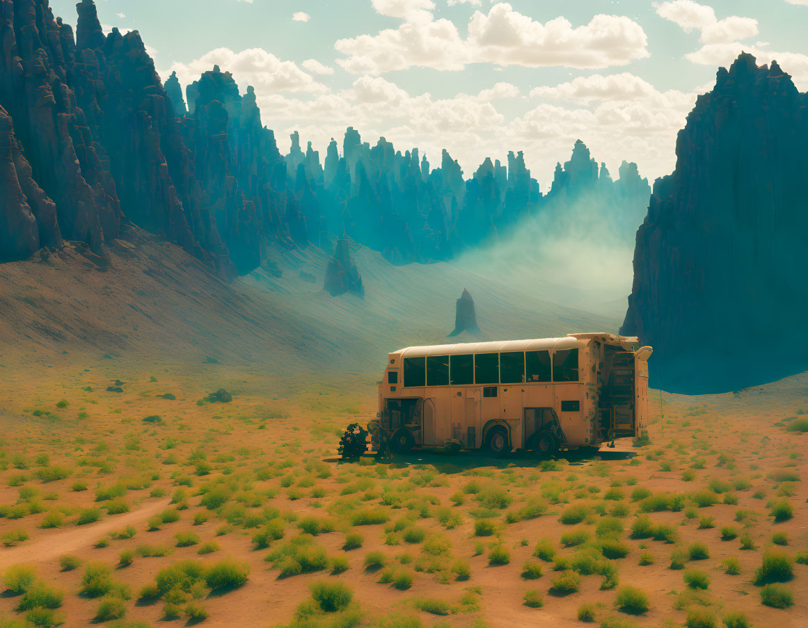 Desert bus journey through towering rock formations