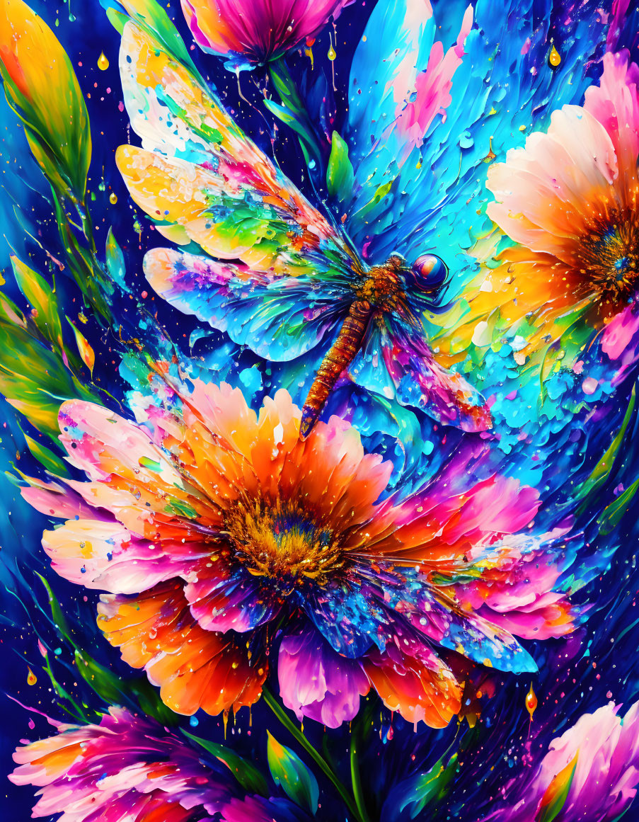 Colorful Dragonfly Art on Multicolored Flowers with Water Droplets on Blue Background