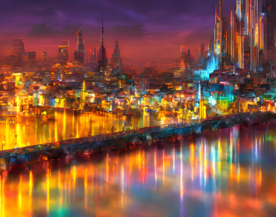 Futuristic cityscape with neon lights and traditional architecture against an orange sky