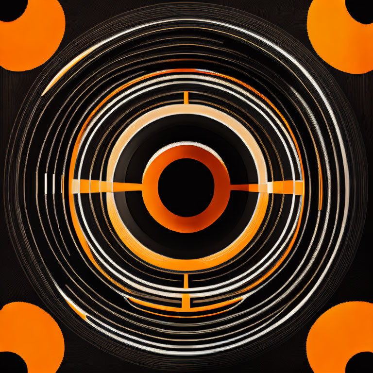 Abstract Black, Orange, and White Circles and Lines on Black Background with Dots