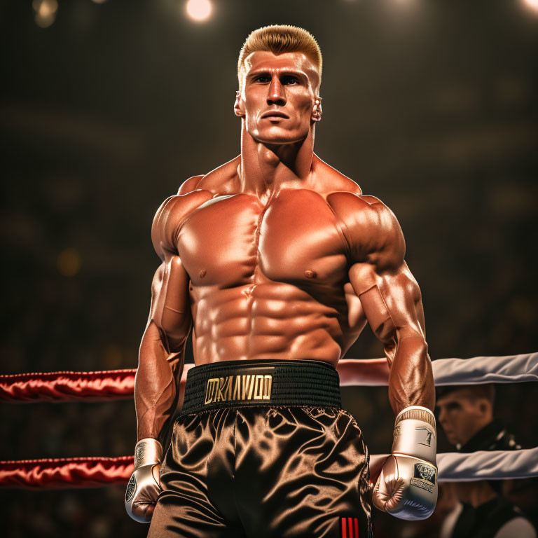 Blond-haired muscular animated character in boxing ring with "DRAGO" on waistband
