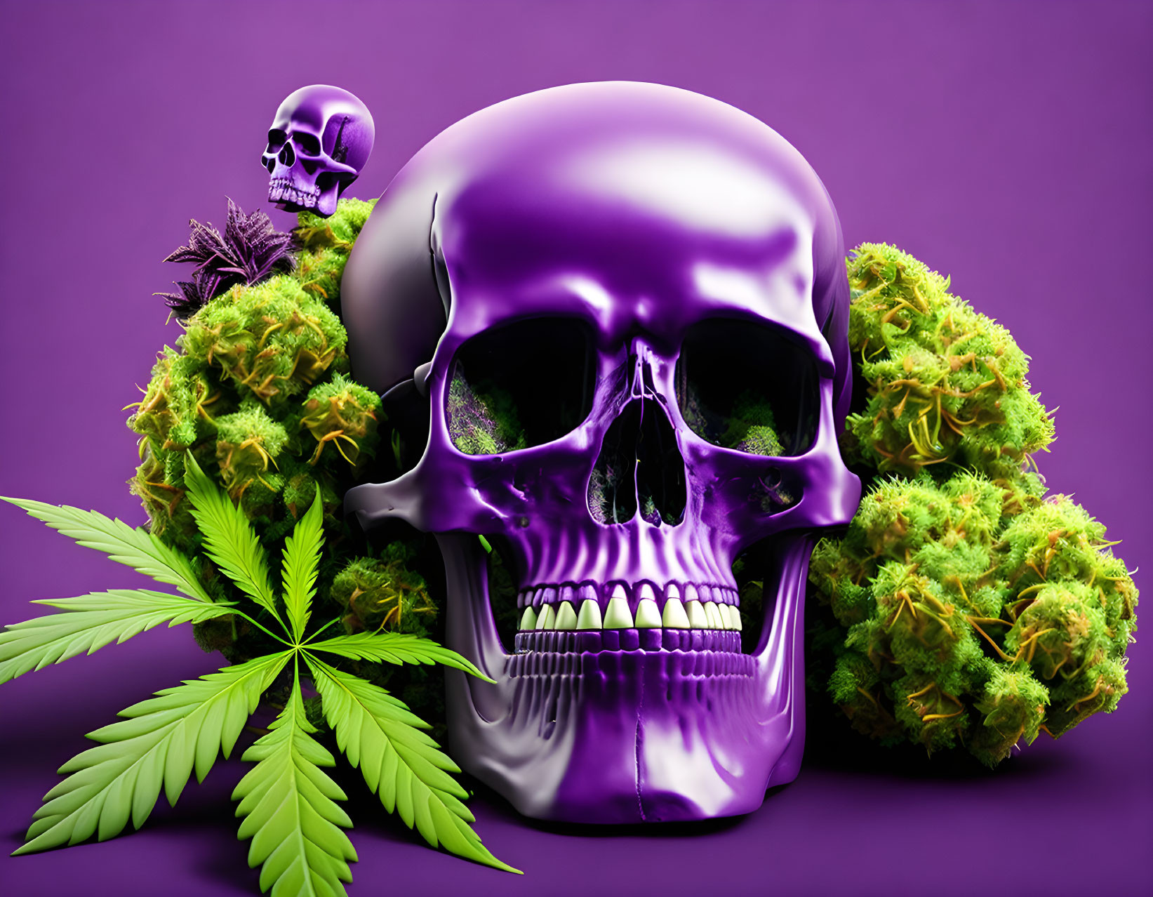 Detailed Purple Skull and Cannabis Buds on Matching Background
