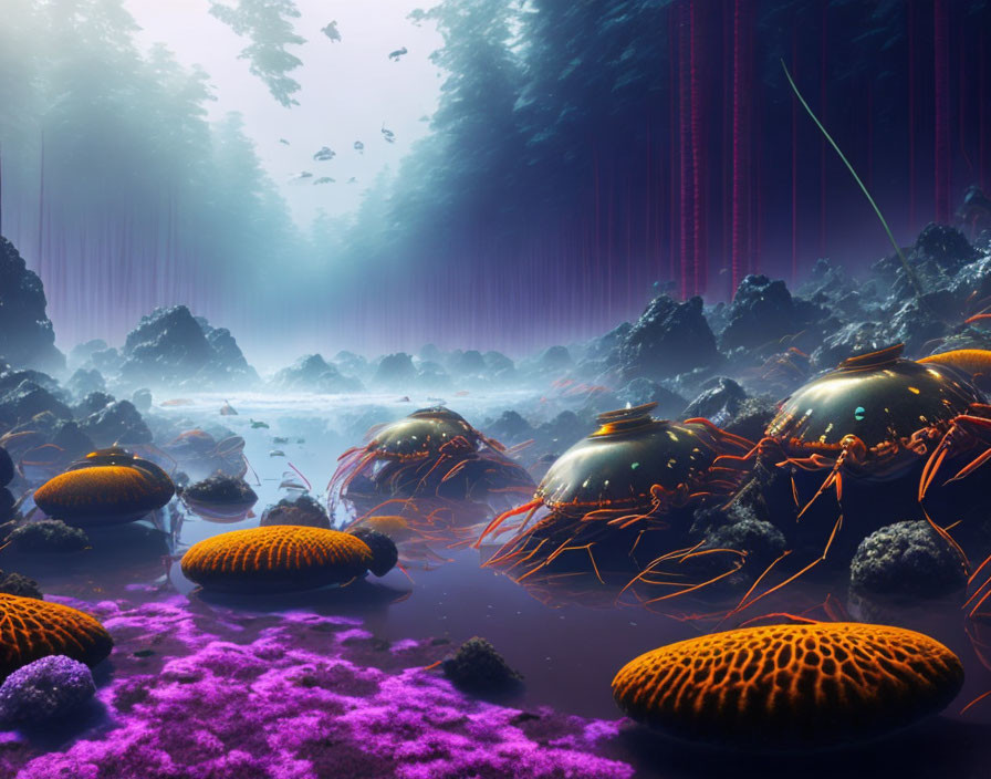 Alien landscape with purple foliage, orange tentacles, and floating particles in misty forest