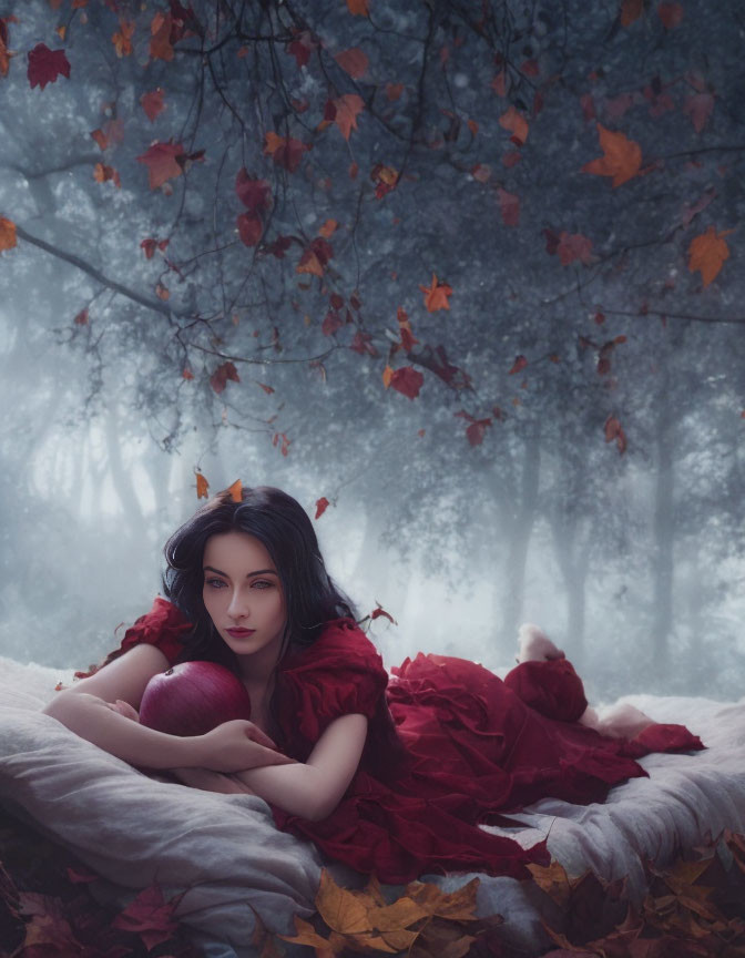 Woman in Red Dress Holding Apple in Mystical Forest Scene