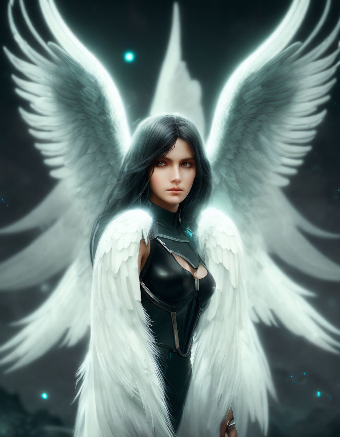 Digital artwork featuring female figure with white wings, dark outfit, and mystical backdrop.