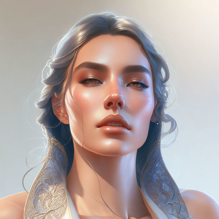 Detailed digital artwork featuring woman with white hair and intricate tattoos.