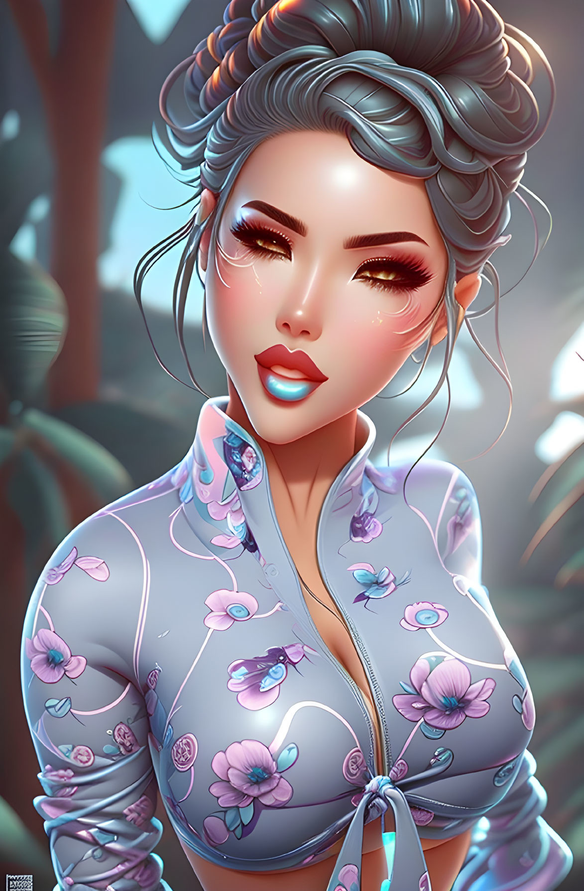 Animated Woman with Stylish Updo and Floral Outfit in Forest Setting