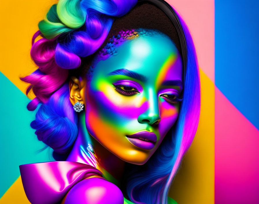 Colorful digital portrait of a woman with neon makeup and rainbow braid in metallic outfit.