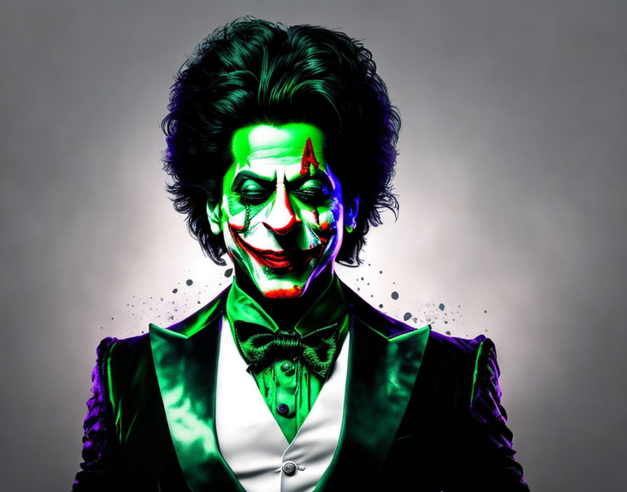 Stylized portrait of a person in green suit with Joker-like face paint
