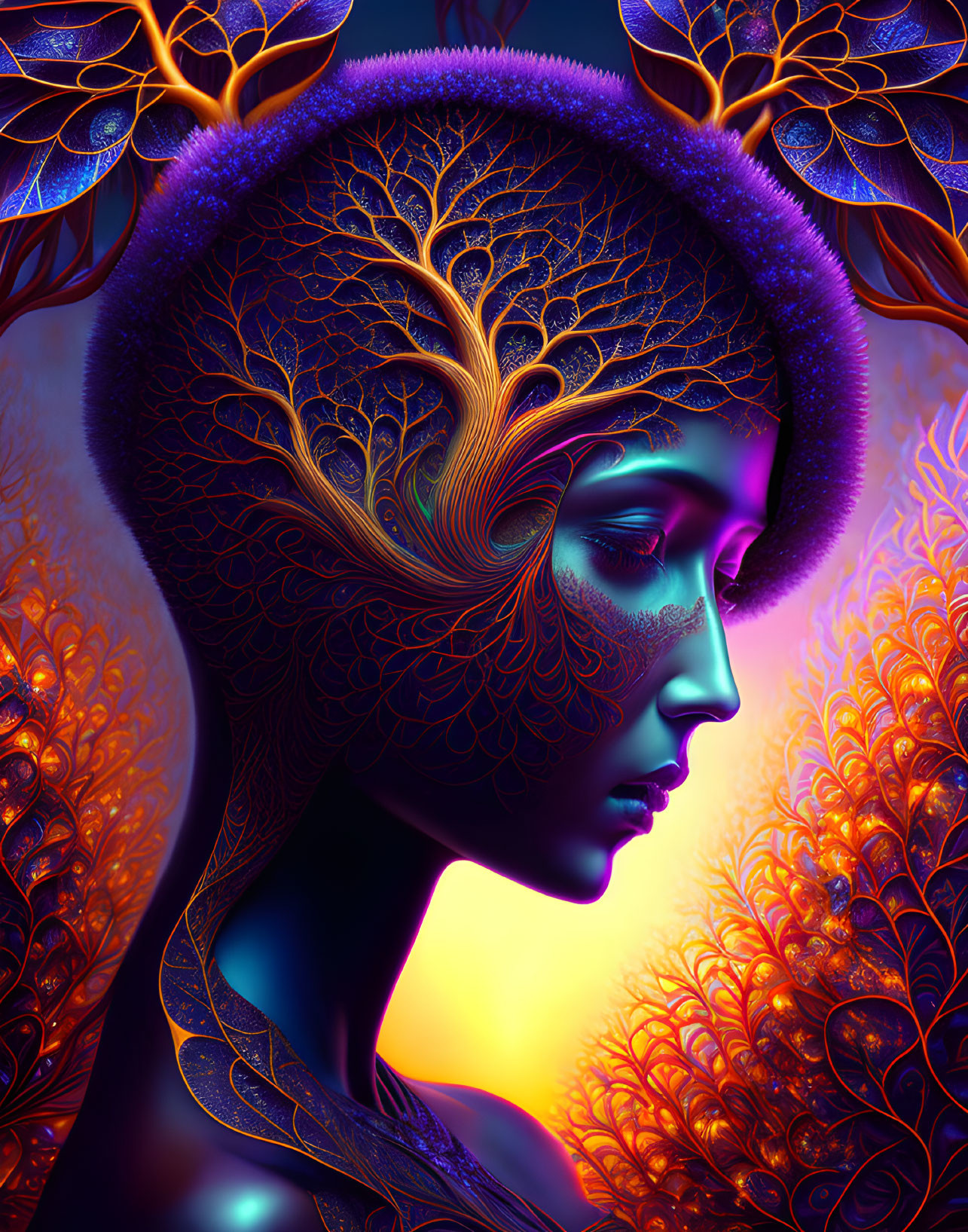 Colorful digital artwork of woman with tree and foliage hair design