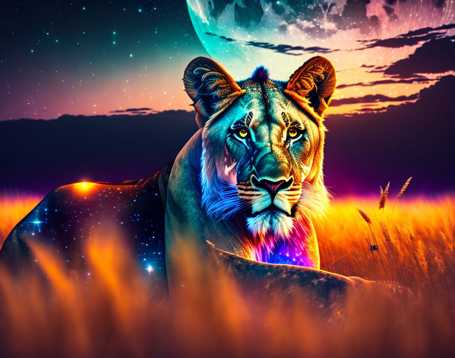 Colorful digital lion artwork with cosmic mane in surreal savannah and starry sky setting.