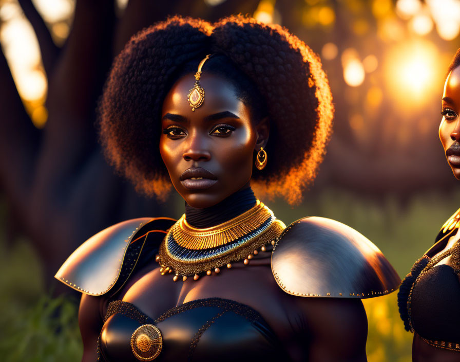 Portrait of woman with striking makeup and African-inspired jewelry in golden sunlight.