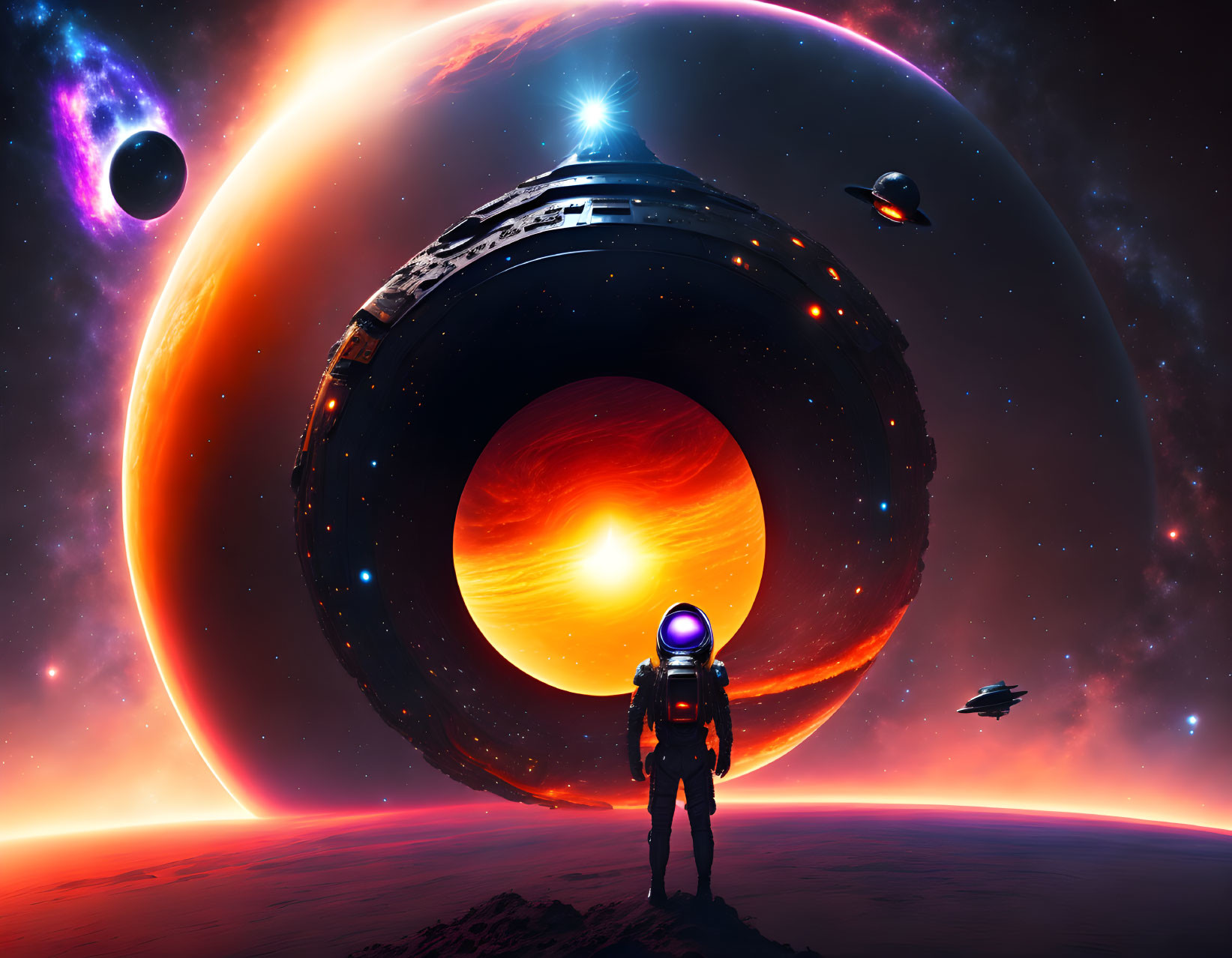 Astronaut on alien surface with vibrant planets and massive ringed structure.