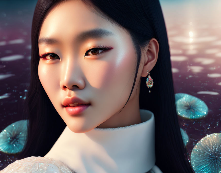 Digital artwork: Asian woman in white dress with earring, water and lily pads background