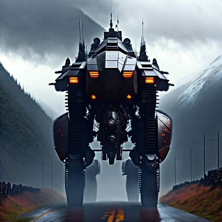 Armored futuristic vehicle with glowing orange elements on misty mountain road