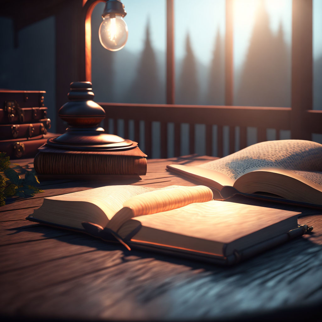 Open book on wooden table with lamp and pine trees at dusk