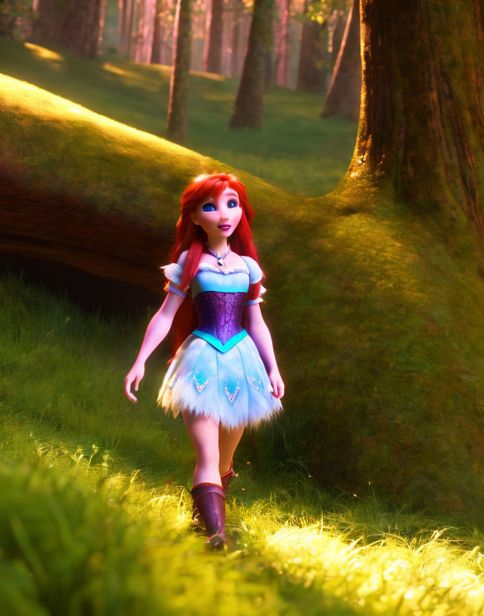 Red-haired female character in blue and white dress walking in sunlit forest