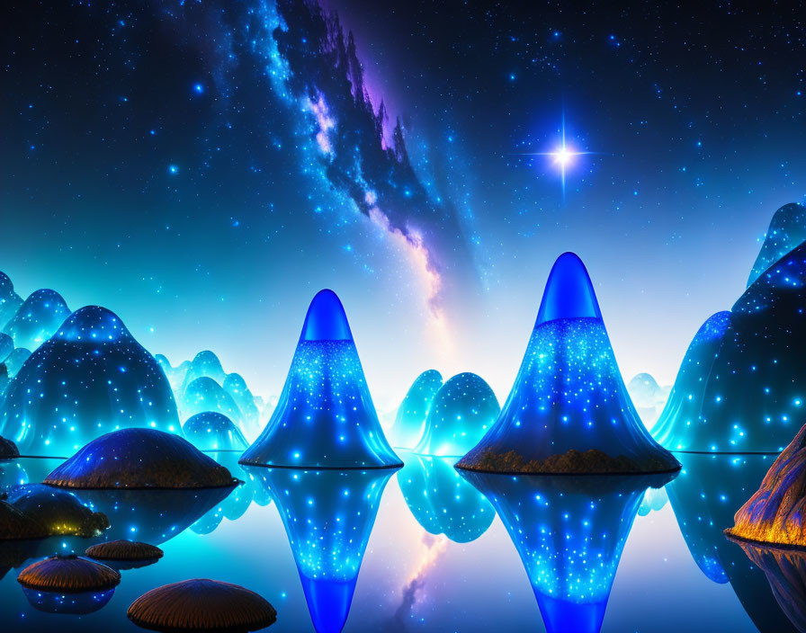 Surreal cosmic landscape with glowing blue mushrooms and starry sky