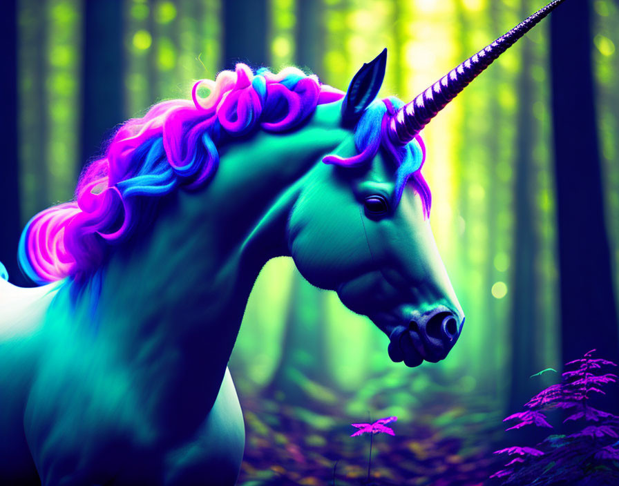 Colorful Unicorn with Neon Forest Backdrop