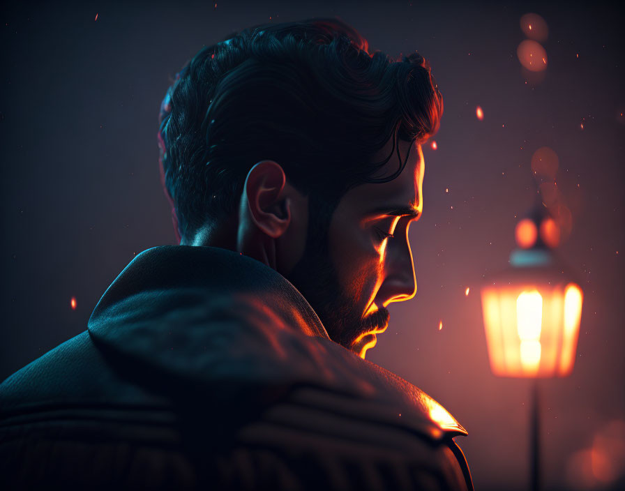 Fashionable man with stylish hairstyle under warm street lamp glow, surrounded by floating embers.
