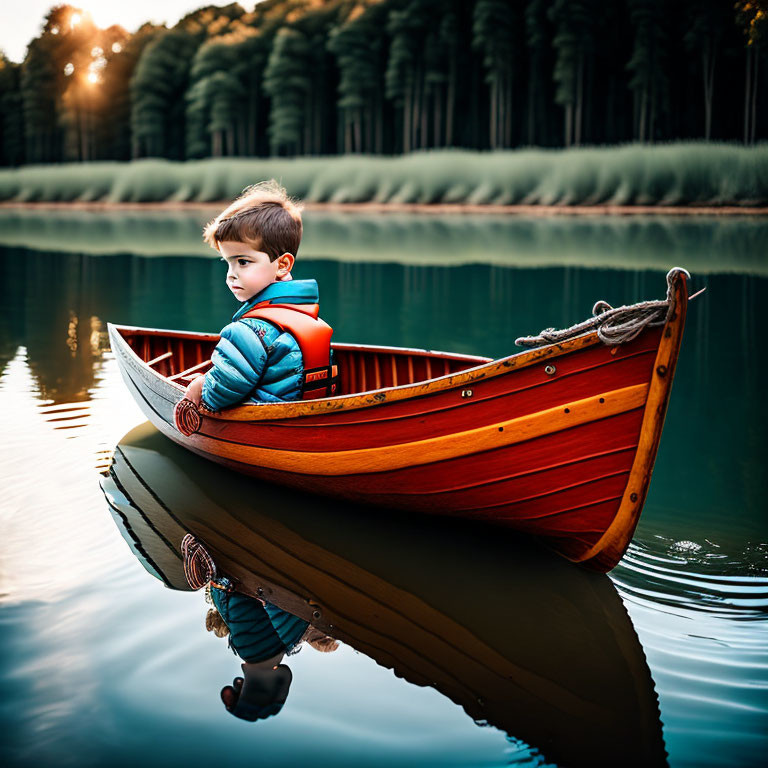 Child in Red Canoe Reflecting on Calm Waters at Dusk