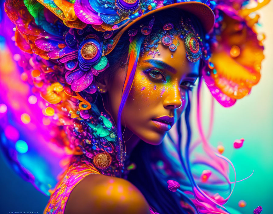 Woman Wearing Vibrant Headgear on Neon Background