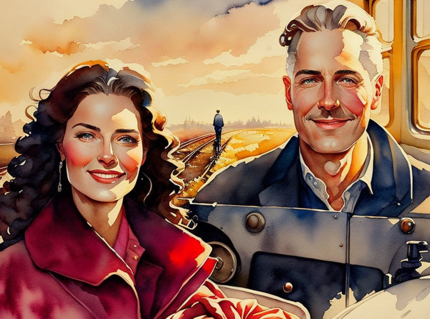 Colorful vintage couple illustration with train and railway under vibrant sky