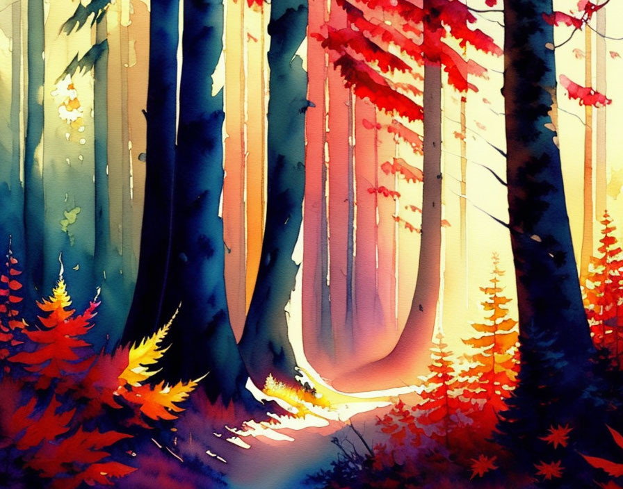 Sunlit Watercolor Forest with Tall Trees and Vibrant Foliage