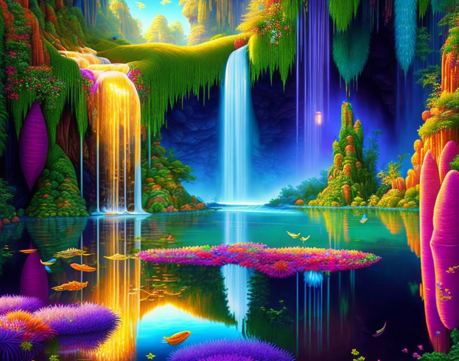 Fantasy landscape with waterfalls, exotic flora, reflecting pool, luminous sky