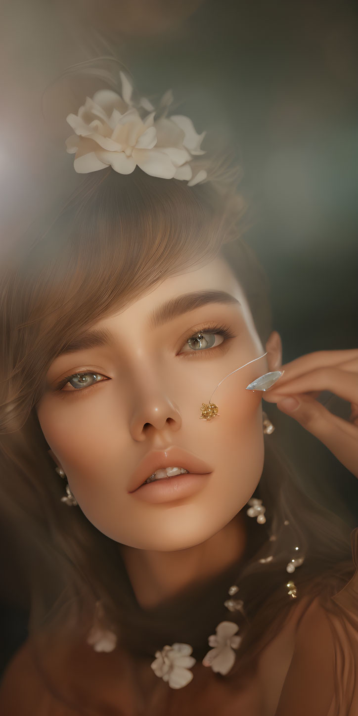 Intricate golden makeup with white floral accents in soft lighting