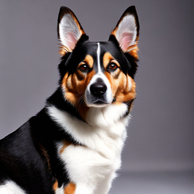 Tricolor Corgi with alert ears and keen gaze on grey background