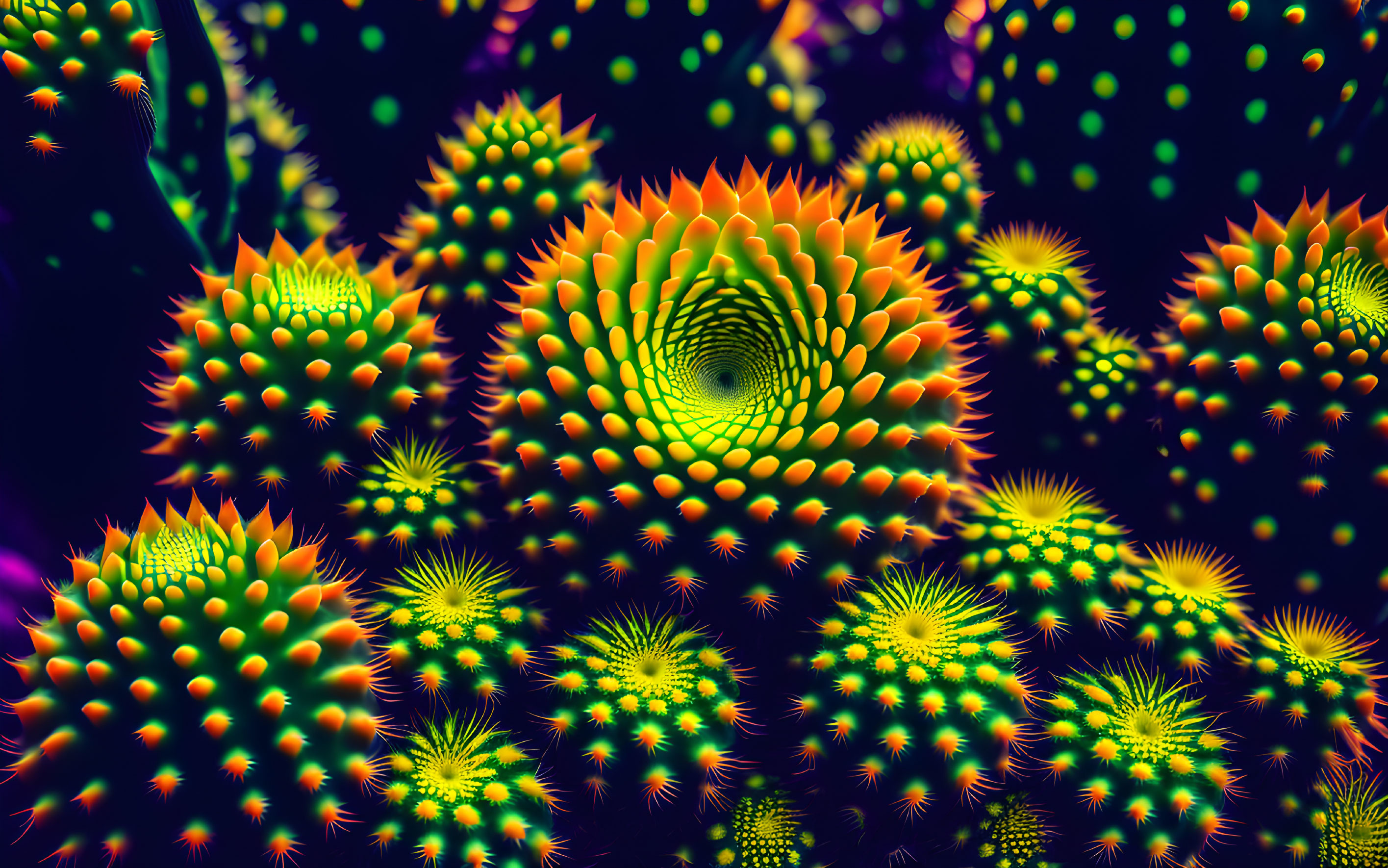 Colorful neon spiral patterns on cactus shapes with floating orbs.
