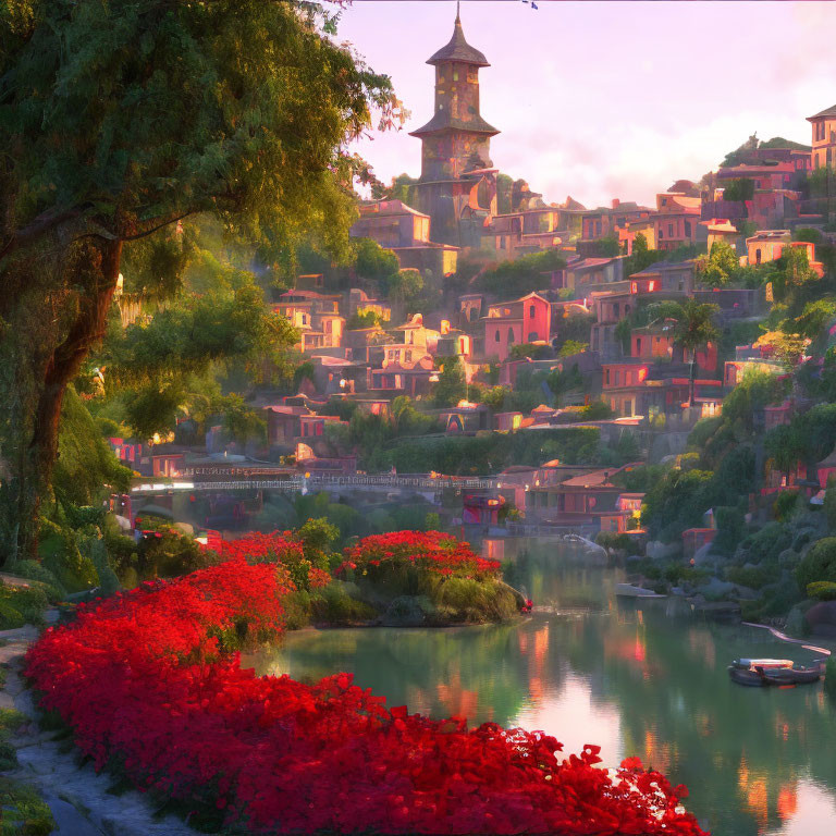Tranquil riverside village at sunset with red flowers, traditional houses, and tower