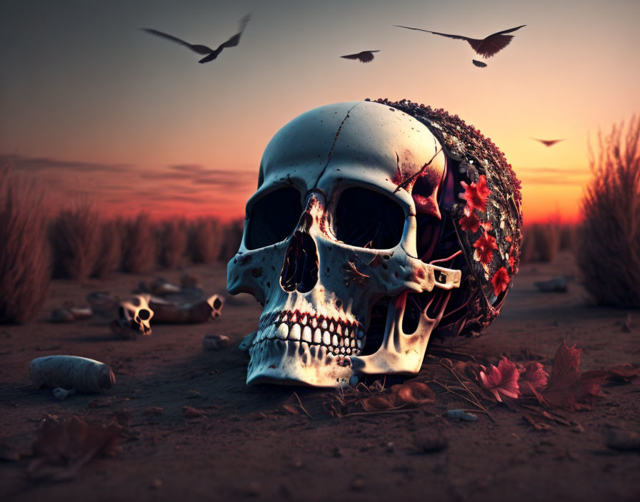 Half-intact skull with red flora in desert at dusk, surrounded by bones and birds.