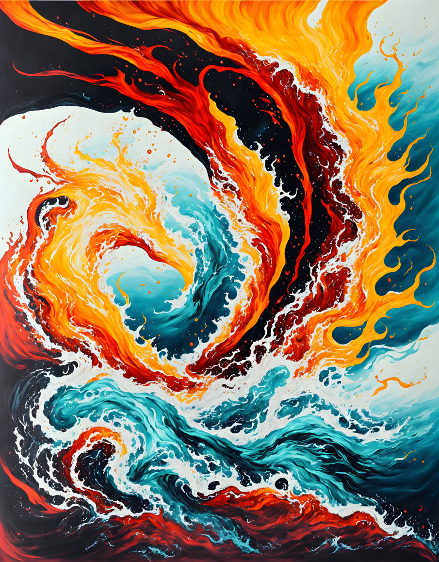 Vibrant swirling painting with red and orange swirls over blue and white waves