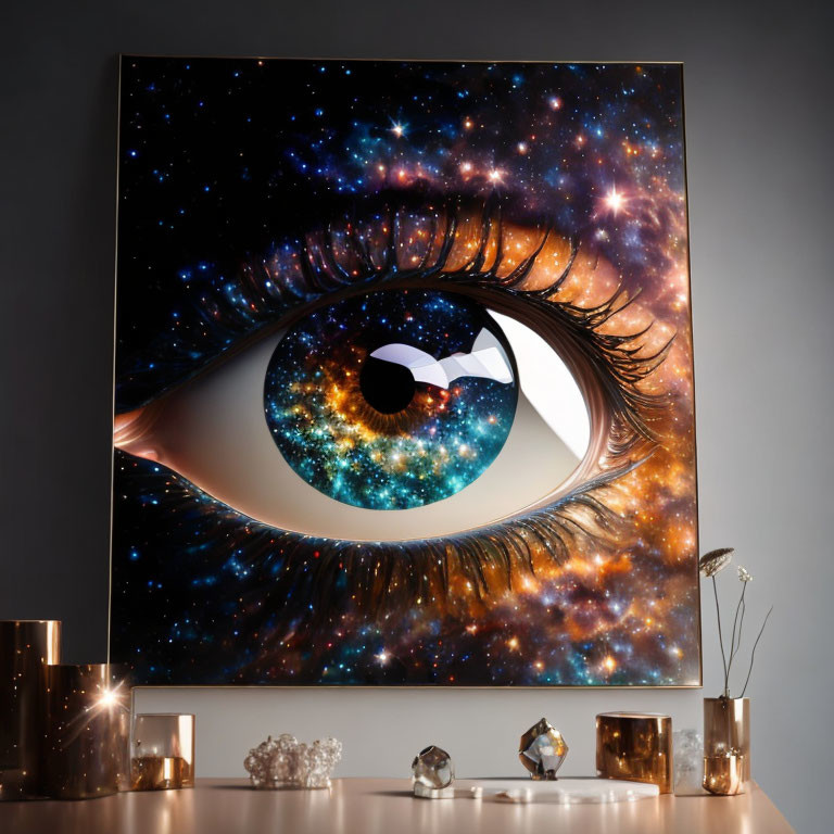 Canvas with cosmic eye and galaxy iris on wall with decorative items below