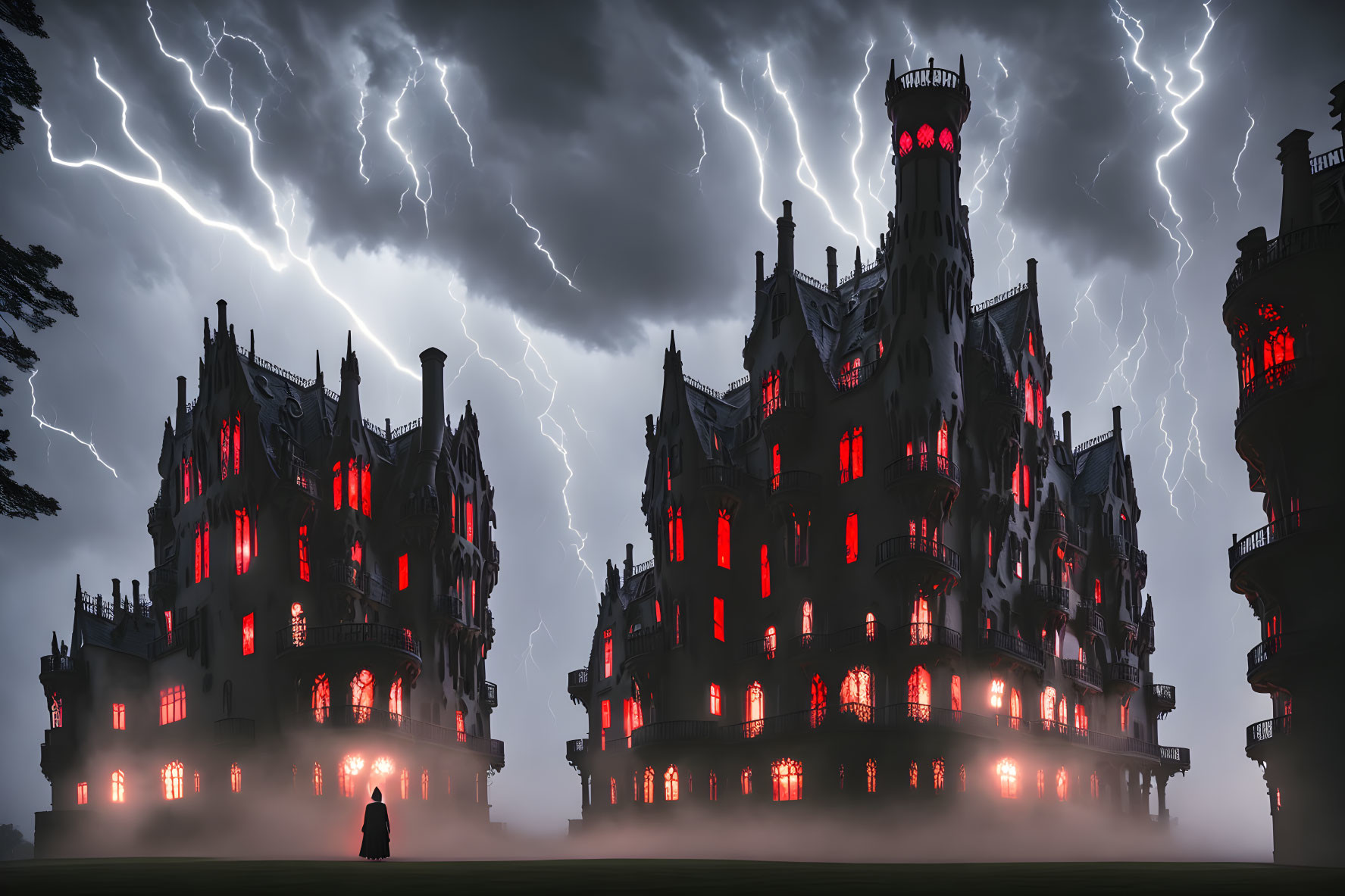 Gothic-style castle with red lights, lightning strikes, and lone figure in stormy sky